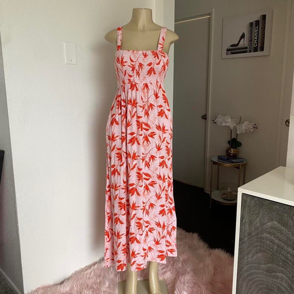 Pink maxi dress with red flowers printed all over it form Forever 21